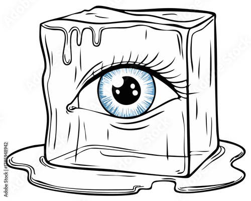 Detailed outline drawing of a melting ice cube with a prominent blue human eye.