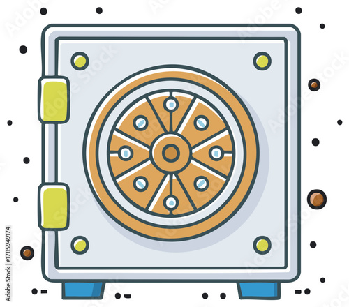 A colorful hand drawn vector illustration of a closed metal safe with a circular combination lock