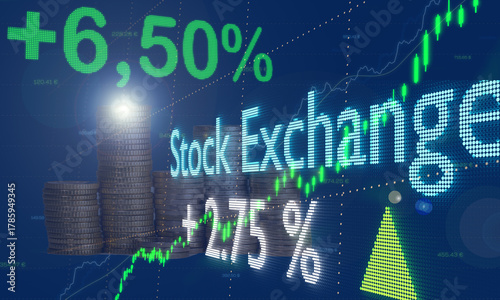 Rising stock market chart, stacked euro coins, positive percent signs, making money. European currency, investment, financial markets.