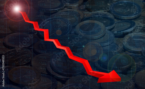 Red arrow pointing downwards, euro coins in the background, falling profits, weak economy, contraction. Spreadsheet, data in the background, financial figures, negative trend, loss.
