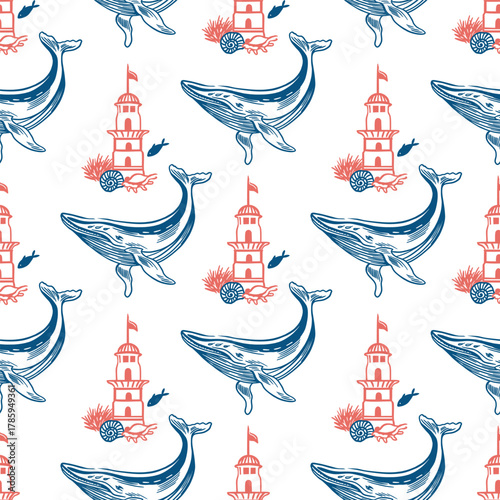 Whales and lighthouse seamless pattern. Hand drawn line art illustration of nautical symbols. Vector clip art for wrapping paper, fabric and cards.