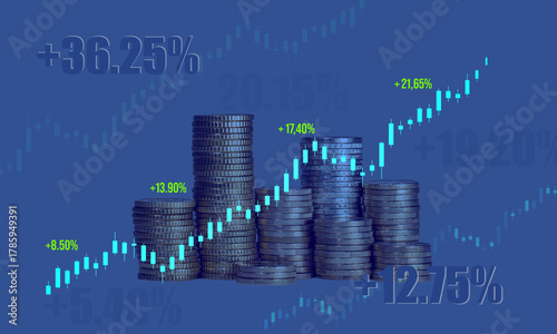 Rising stock market chart, stacked euro coins in the background, colored blue. Financial market, business, trading, risk, success.