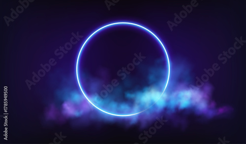 Vector Illustration Neon Circle Background Night Glow Blue Fog Atmosphere