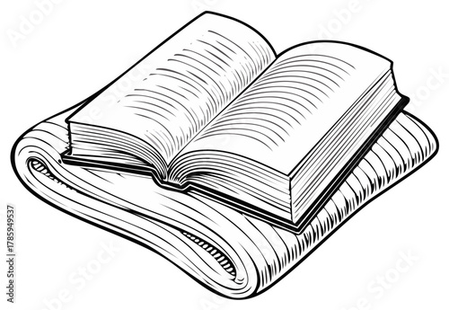 Open Book and Pages Stacked Black and White Illustration