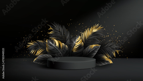 Vector Illustration Black Gold Leaves Background With Podium