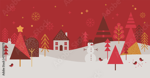Christmas forest banner with snowflakes, pine trees and tiny house.