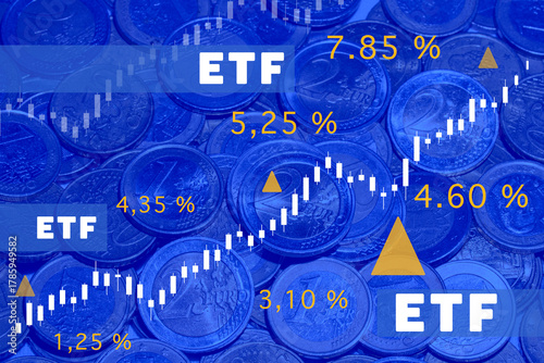 ETF investment, exchange-traded funds, rising stock market chart, euro coins in the background, colored blue. Financial market, business, trading, risk, success.