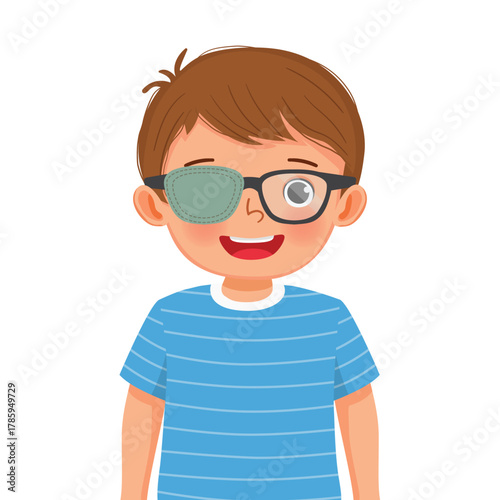 Little boy wear glasses with eye patch for lazy eye treatment