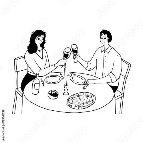 Couple having romantic dinner toasting with wine vector illustration for dating anniversary or celebration. People eating at table doodle line art monochrome style happy evening