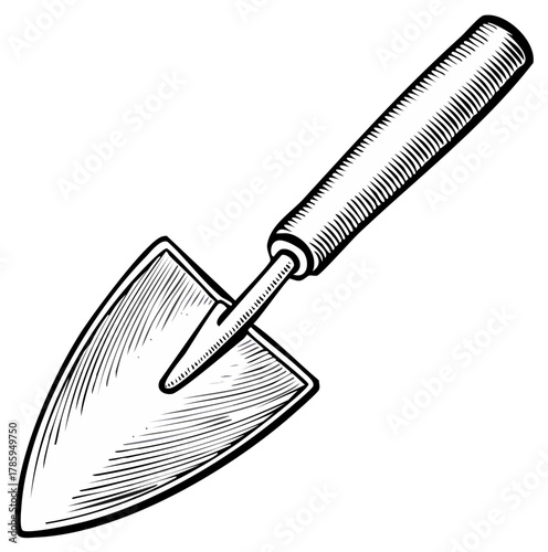 Hand-drawn trowel illustration in a vintage etching style, gardening equipment