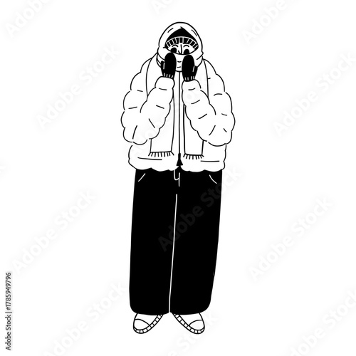 Person bundled up in puffy winter clothes and scarf hiding face vector illustration for cold weather. Cozy season chill doodle line art monochrome style happy event