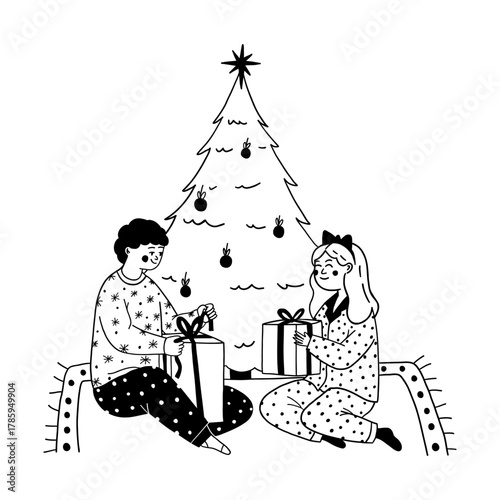 Children sitting in pajamas opening Christmas presents near tree vector illustration for holiday morning. Kids excited to unwrap gifts doodle line art monochrome style