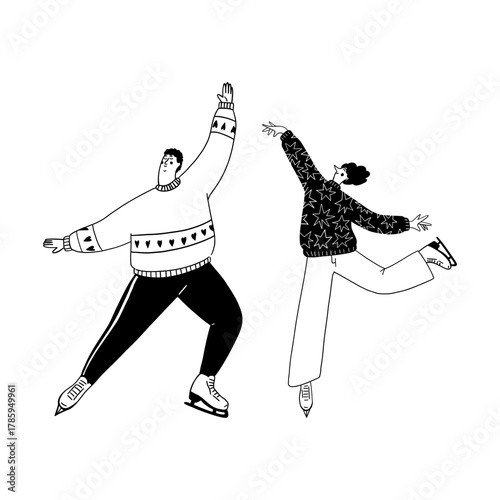 Man and woman ice skating together vector illustration for winter sports activity and holiday fun. Couple figure skating doodle line art monochrome style cheerful recreation