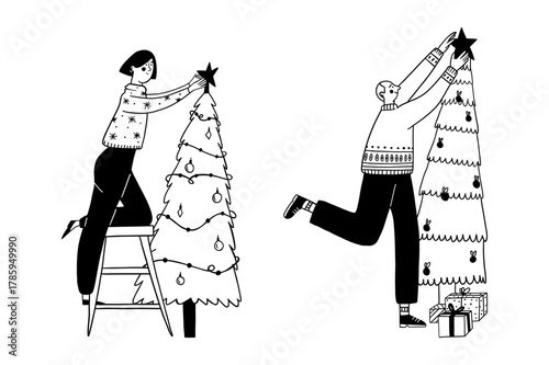 Set of people decorating Christmas trees putting star on top vector illustration for holiday preparation. Man and woman festive activity doodle line art monochrome style