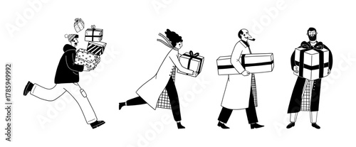 Set of people running walking and standing holding gifts vector illustration for holiday shopping and celebration. Characters delivering presents doodle line art monochrome style