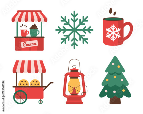 A collection of festive Christmas icons, including a cocoa stand, snowflake, mug, cookie cart, lantern, and tree.