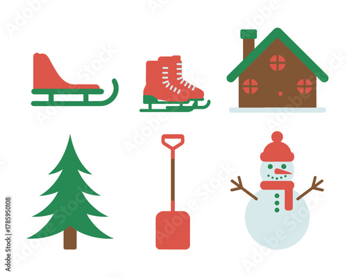 Winter icons depicting a sleigh, ice skates, house, tree, shovel, and snowman.