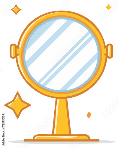 Golden Standing Mirror Illustration with Stars Home Decor Object Reflection Vanity Glamour Beauty Makeup Cartoon Style