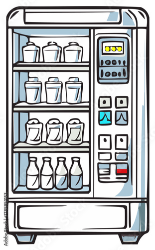 Hand-drawn illustration of a modern beverage vending machine stocked with various bottles and containers