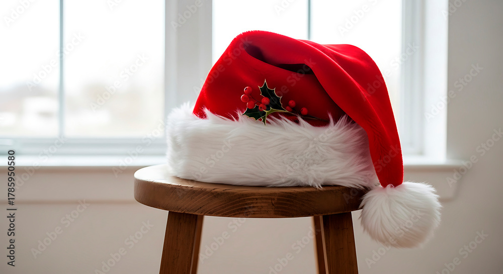 Obraz premium Santa Claus hat: Red Christmas hat placed on wooden stool by window indoors 