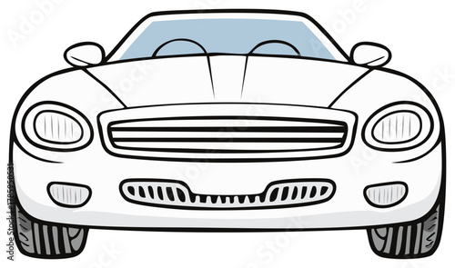 Cartoon drawing of white car frontal view with wheels and headlights, vector