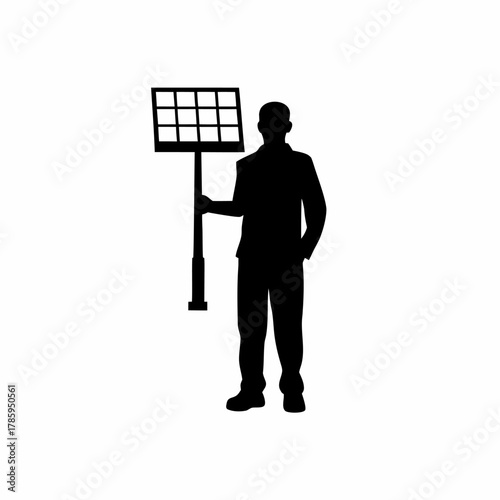 Renewable energy grid balancer silhouette checking solar panel and battery power flow data isolated on white background