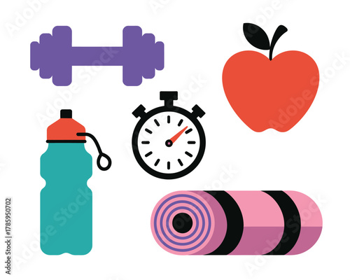 Items for a healthy lifestyle, including a dumbbell, water bottle, apple, and yoga mat.