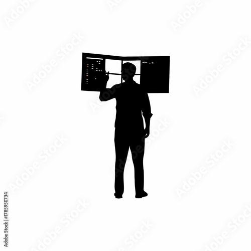 Satellite technician analyzing orbital data on a large screen silhouette isolated on white background