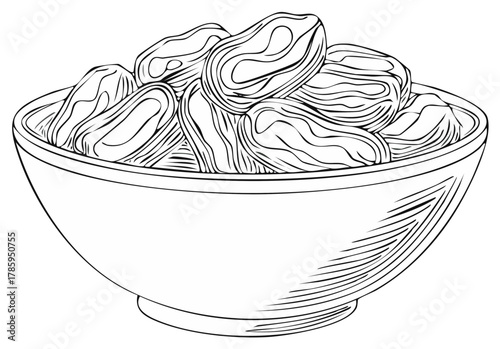 Vintage Style Engraved Drawing of Dried Dates in a Bowl, Delicious Healthy Fruit Illustration
