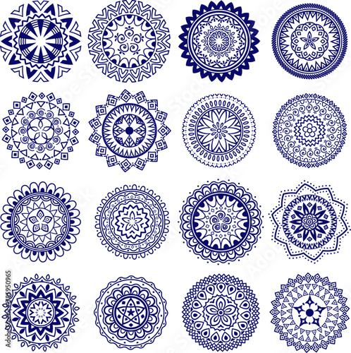 Blue Geometric Mandala Set Abstract Ornament Collection