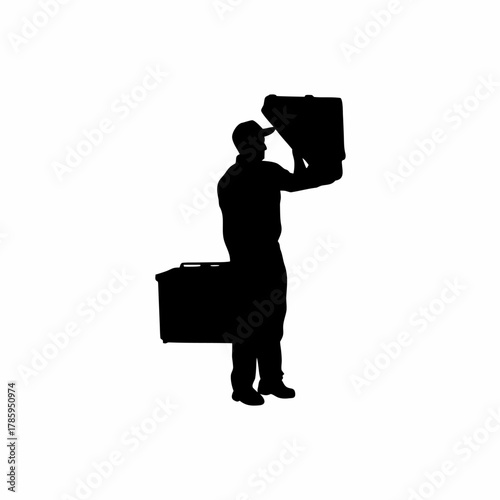 Silhouette of a technician repairing a cooling unit of a food transport container isolated on white background