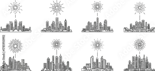 Hand drawn city skyline with fireworks, a detailed vector illustration of urban landscape with celebratory display