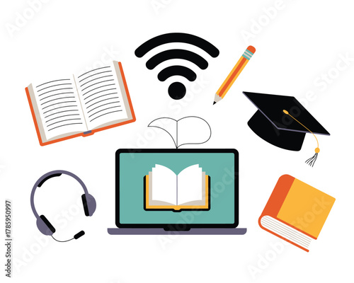 Online learning concept with books, laptop, headphones, and wifi symbol.