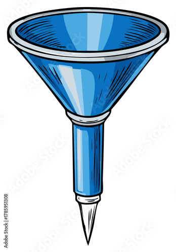 Blue funnel with a pointed tip for pouring liquids and powders into narrow openings