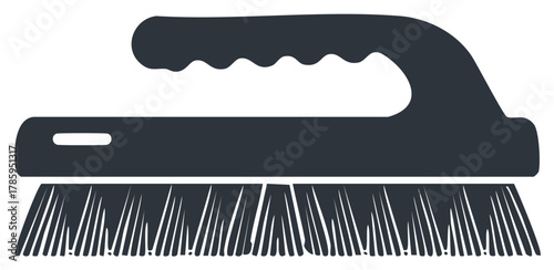 A dark gray cleaning brush with a curved handle and stiff bristles for scrubbing surfaces