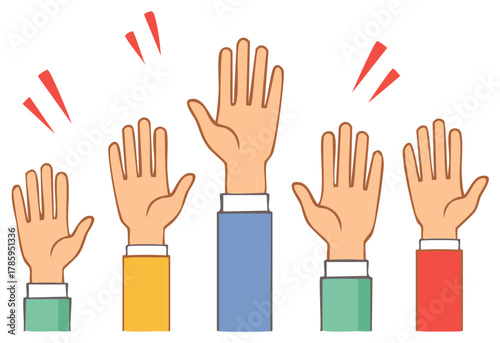 Illustration of Five Hands Raised in Question with Expressions of Interest and Colorful Sleeves