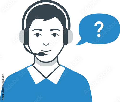 Customer service agent with headset and question mark