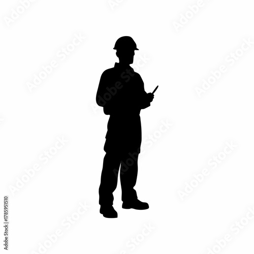 Industrial inspector silhouette giving safety briefing before shift starts isolated on white background
