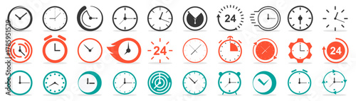 Colorful clock and alarm icons in modern flat style. Illustrations symbolize time, deadline, and schedule