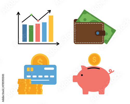 Financial concepts including graphs, wallets, credit cards, and piggy banks.