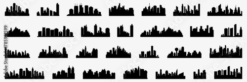 Set of black city skyline. Town skyline landscape. City panorama silhouette collection. Urban cityscape silhouettes. Skyline urban borders in black. Set of silhouette of big city skyline