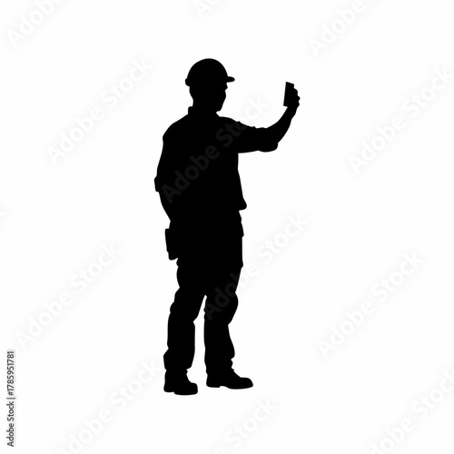 Silhouette of industrial safety officer checking machinery temperature isolated on white background