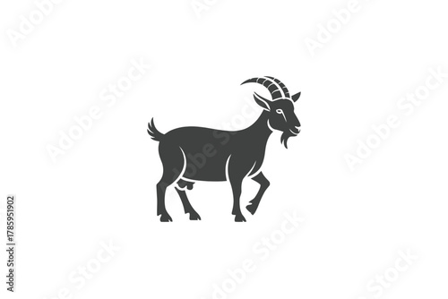 A black silhouette of a goat walks confidently on a white background.