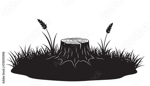 Stump surrounded by grass and wheat silhouette