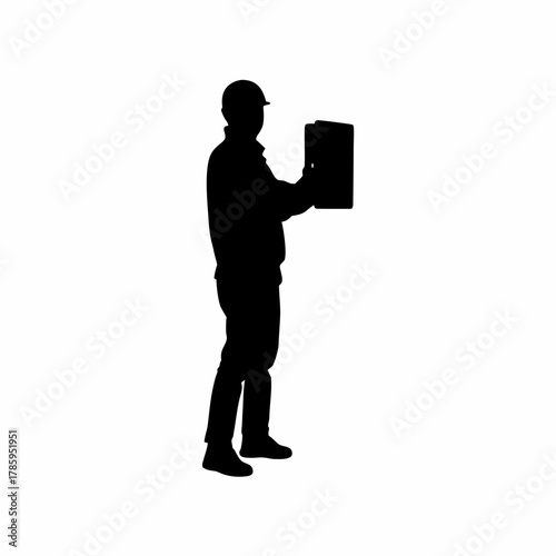 Silhouette of inspector checking electric control panels for hazards isolated on white background