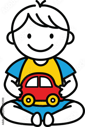 A delightful baby is sitting crosslegged, clutching a toy car with glee, his innocent eyes sparkling with wonder and the simple joys of early development