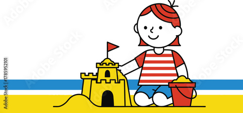 A girl is building a sandcastle on the beach, enjoying a sunny day by the sea, with a bucket, creating a fun and memorable summer vacation