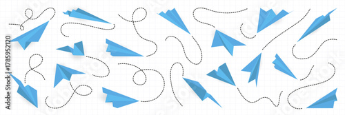 Blue paper airplane collection with dashed flight paths on grid background. Each element shows freedom, creativity, and playful motion