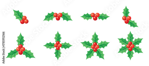 christmas holly leaf and red berry icon set for winter holiday decoration and festive seasonal design