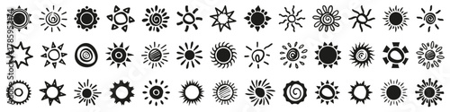 Abstract sun symbols in hand-drawn black silhouette style. Each shape represents energy, warmth, and natural light
